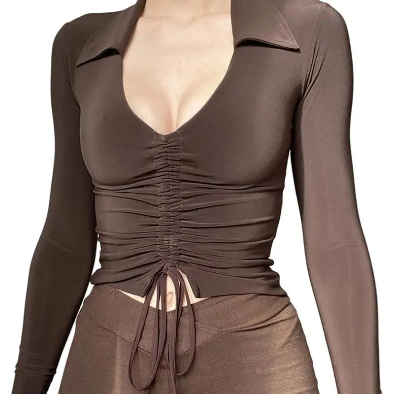 

Women Lapel Long Sleeve Top T-Shirt Sexy V-Neck Lace-Up Pleated Long Sleeve Crop Top Tops Women 2021