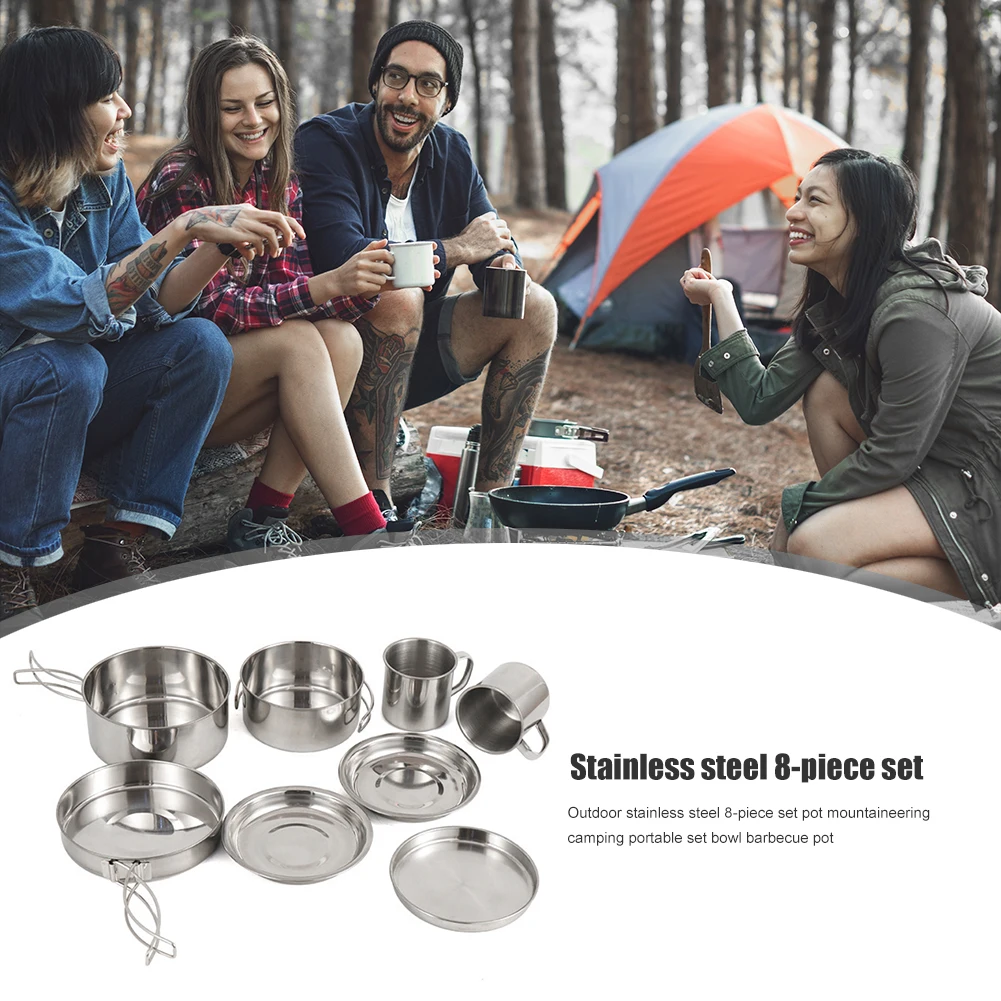 

8pcs Outdoor Portable Camping Picnic Cookwares Stainless Steel Cooking Bowl Pan Outdoor Foldable Camping Cookware