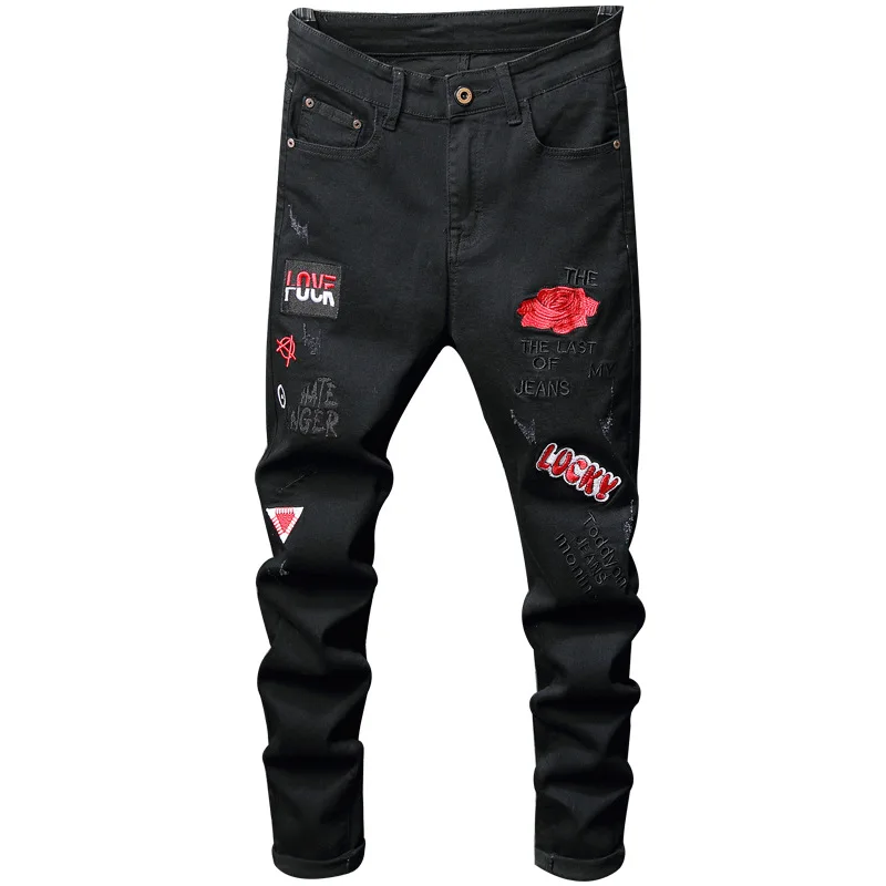 

Men's Jeans Embroidery Applique Decoration Black Denim Pants Fashion Slim Straight Leg Pants 2020 Autumn and Winter Men Wear