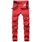 Джинсы мужские облегающие, штаны из денима на молнии, брюки-карандаш с красными отверстиями, прямые длинные брюки