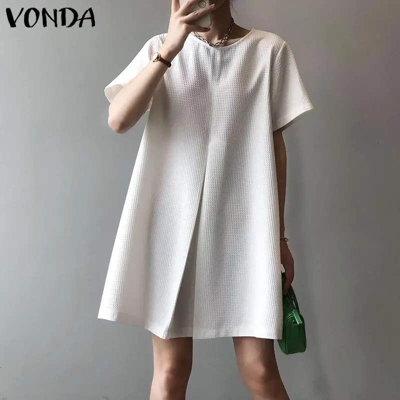 

Свободное мини-платье VONDA, женские плиссированные платья-трапеции с круглым вырезом, повседневные однотонные богемные платья с коротким ру...