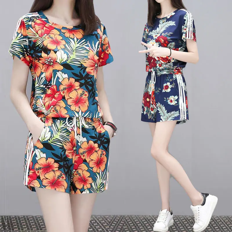 

2021 summer new women's suit fashion sports western style ice silk loose size printed short sleeve running suit