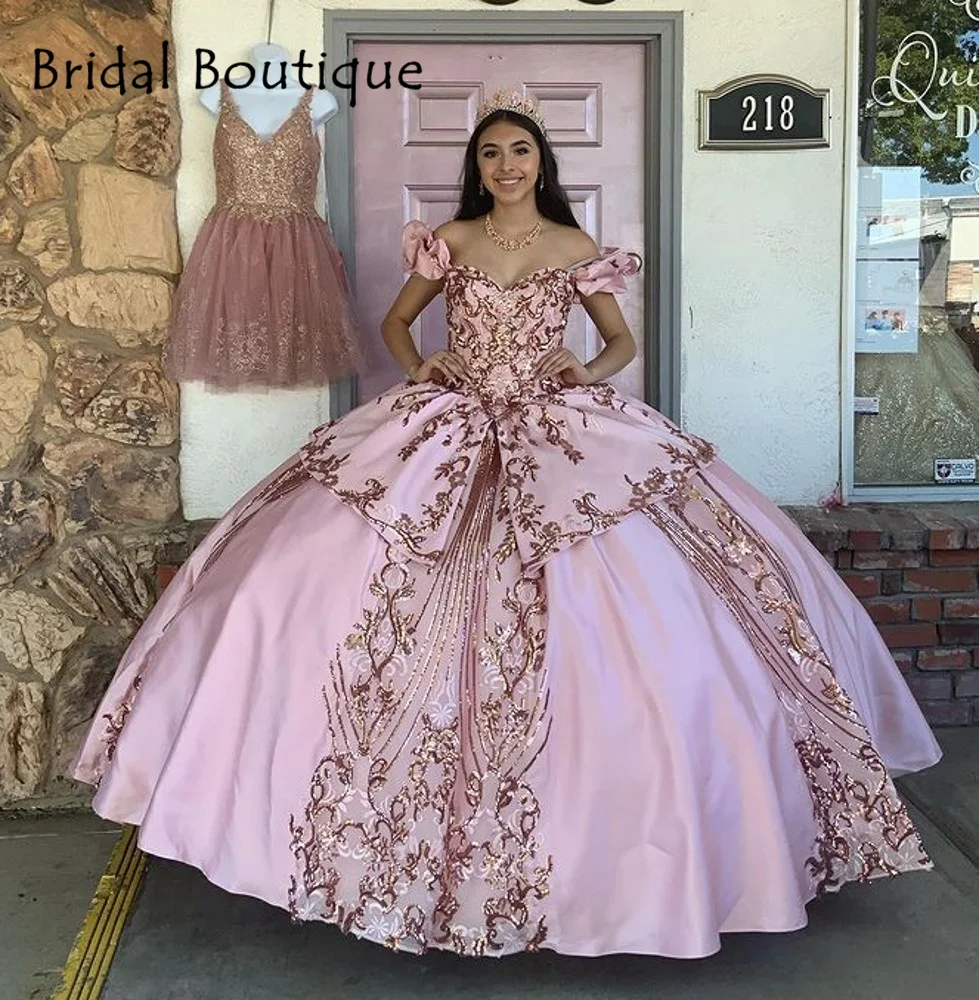 

Off Shoulder Rose Gold Sequined Quinceanera Dresses Pink Satin 2021 Lace-up Graduation Dress Sweet 16 Gown Vestidos De 15 Años