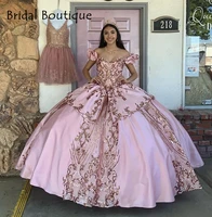off shoulder rose gold sequined quinceanera dresses pink satin 2021 lace up graduation dress sweet 16 gown vestidos de 15 a%c3%b1os