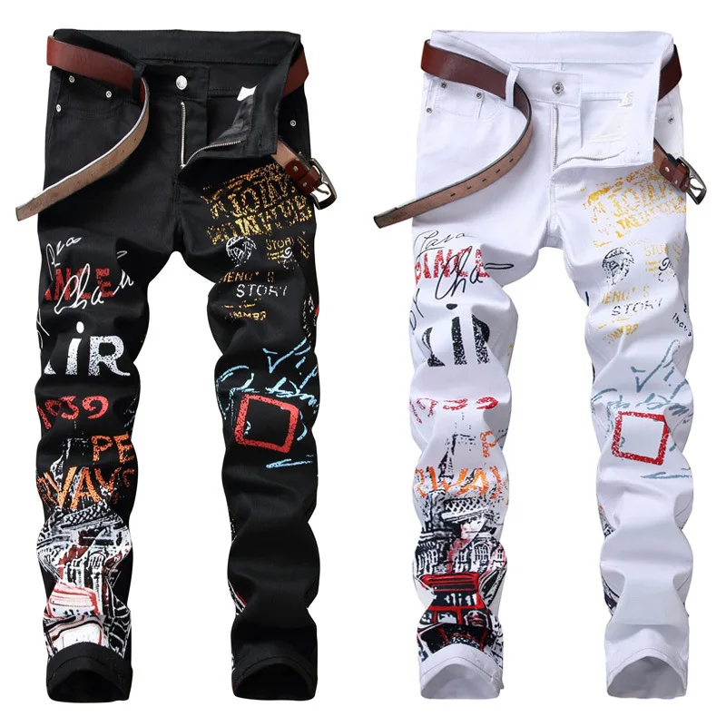 

Джинсы мужские в стиле Хай-стрит, Модные узкие джинсы в стиле хип-хоп, с принтом, для ночного клуба, черные, белые