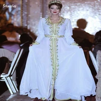 charming white caftan morrocan evening dress 2022 with crystal long sleeve dubai muslim prom dresses arabic robe de mari%c3%a9e
