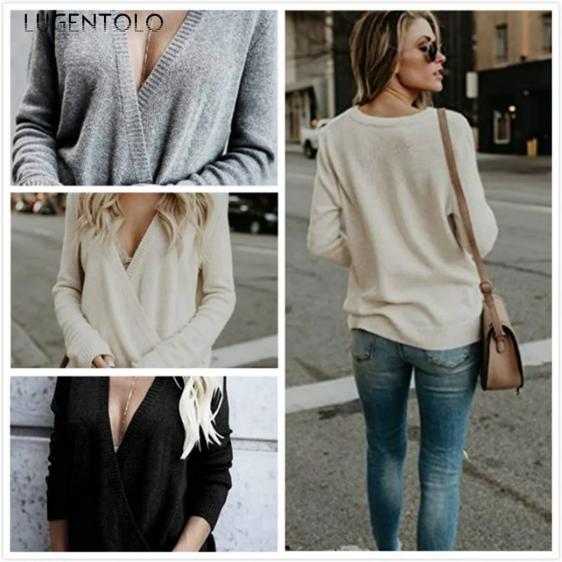 

Women Autumn Winter Sweater V-neck Loose Stitching Solid Casual Street Fashion Female Comfortable Knitted Sweater Lugentolo