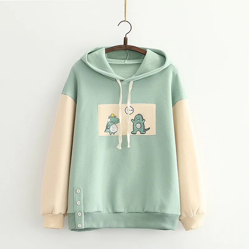 Women Cartoon Dinosaur Funny Hoodies Sweatshirts Hooded Plus Velvet Warm Pullovers 2021 Winter Femme Harajuku Tracksuits 24459