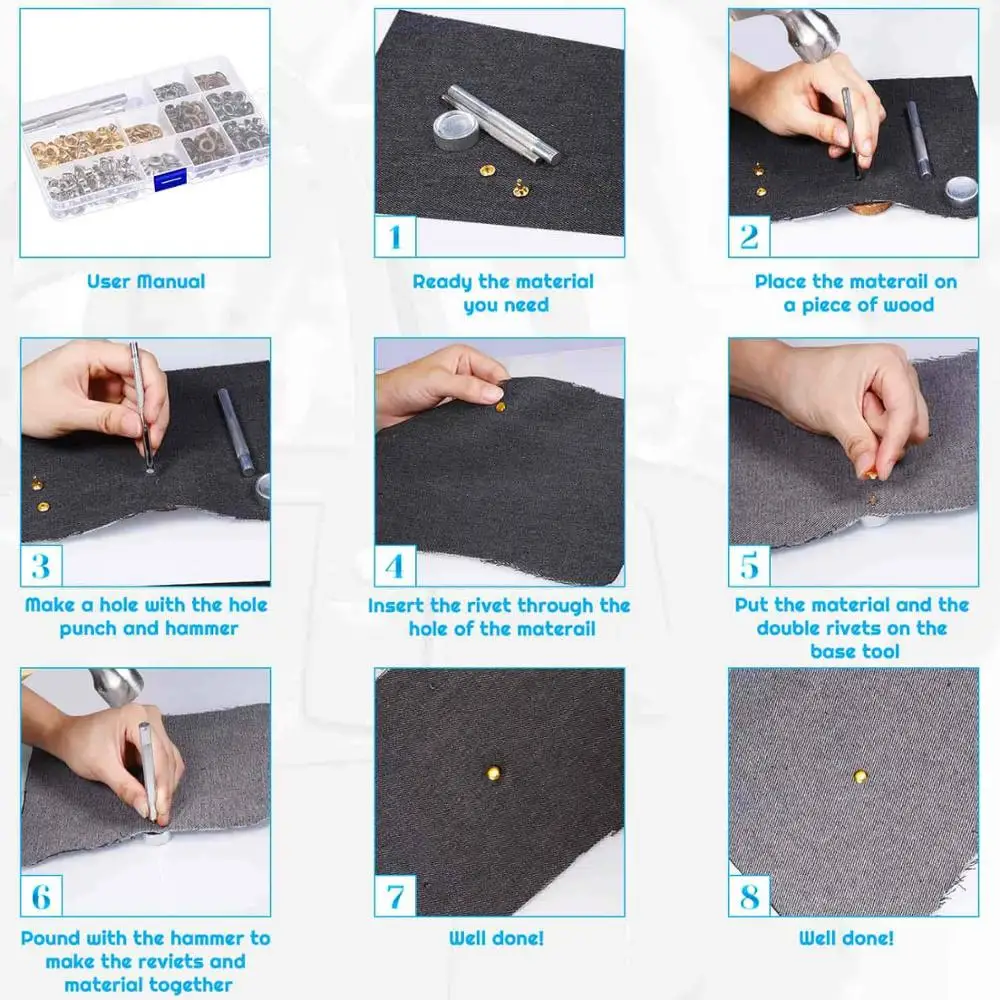 Набор кожаных заклепок DIY с двойной головкой из латуни и инструментами для установки для ремонта и рукоделия 4 цвета и 3 размера в комплекте.