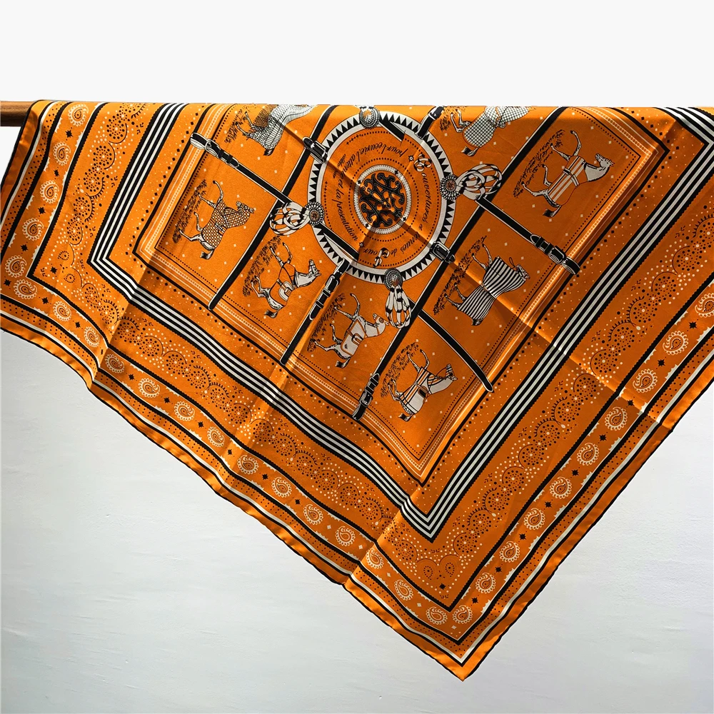 

90cm Hand Rolled Hem Paisley Horse Twill Silk Square Scarf Women Shawl Brand Hijab Scarf Foulard Head Scarves Design Bandana