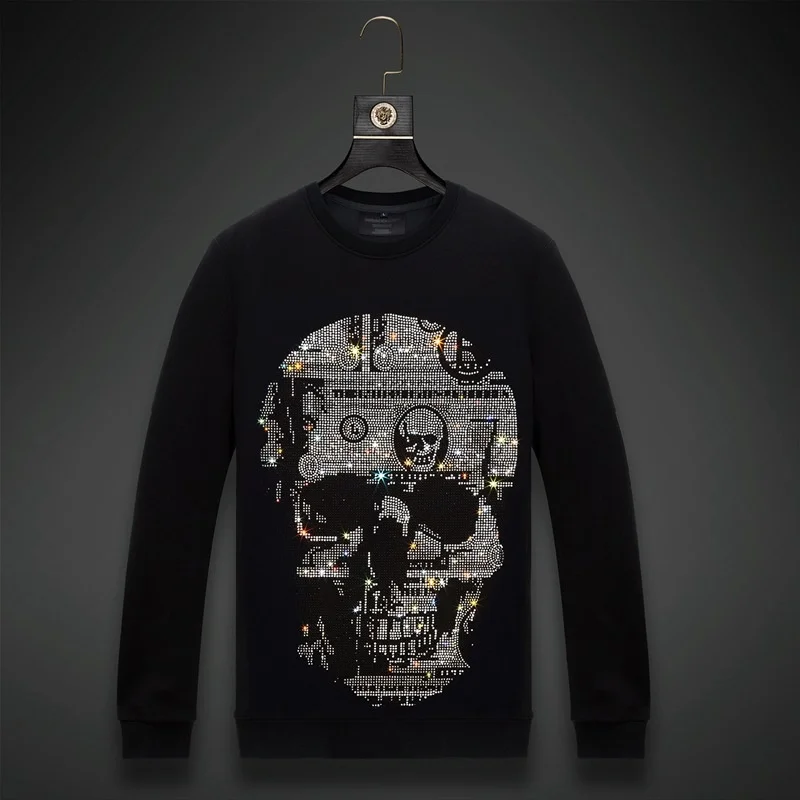

Men 2021 Skull Rhinestones Hoodie Sweatshirt Fashion Streetwear Full Pullover Hoodie Black O Neck Cotton Mens Autumn Clothes 6XL
