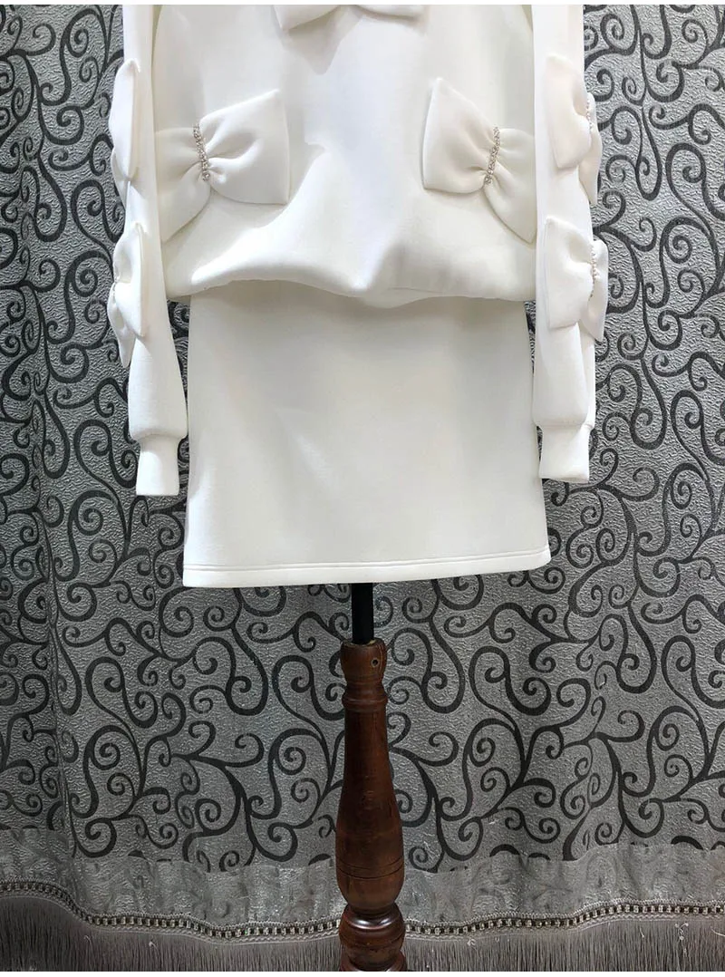 

2021 Sweatshirt Sets Spring Fashion Tracksuits Women Beading Bow Deco Long Sleeve Sweatshirt Tops+Mini Cotton Skirt Sets 2pc