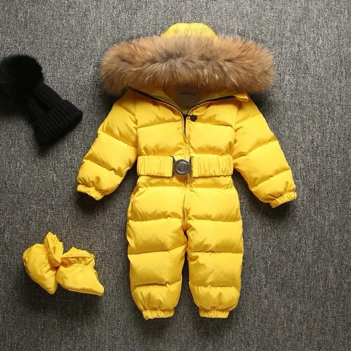 winter new children's clothing raccoon dog hair collar boys and girls baby thickened one-piece down jacket