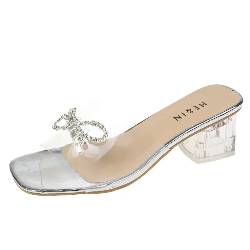 

Summer Slippers Women Shoes Woman New Clear Transparent Crystal Mules Bow Knot Thick High Heels Sexy Ladies Shoes Plus Size