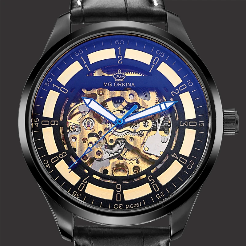 Часы мужские механические с большим циферблатом и кожаным ремешком | Наручные