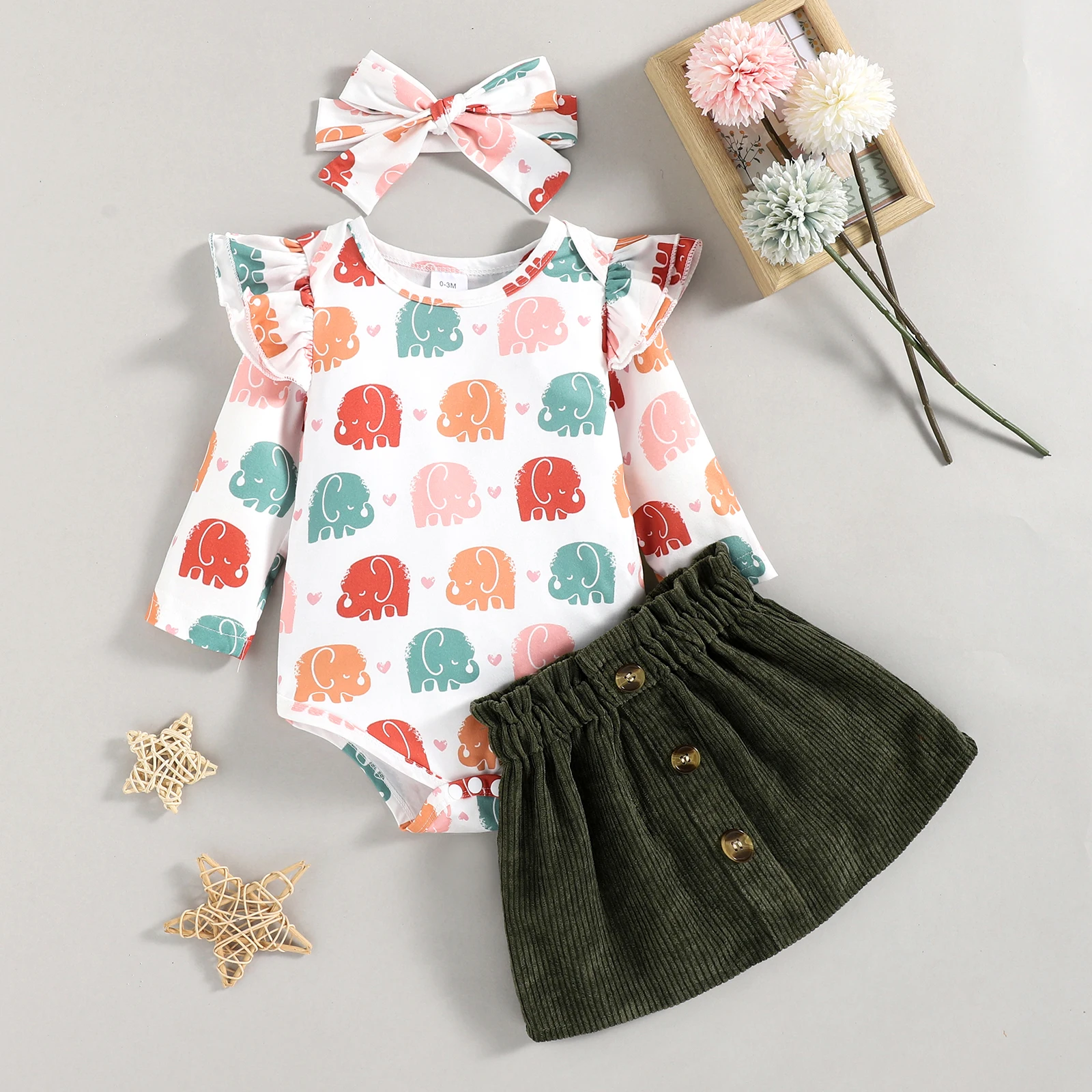 

Cute Baby Clothing Girl\u2019s Three Piece Suit Elephant Long Sleeve Romper and Corduroy Short Skirt Headband 3PCS Outfits Suits