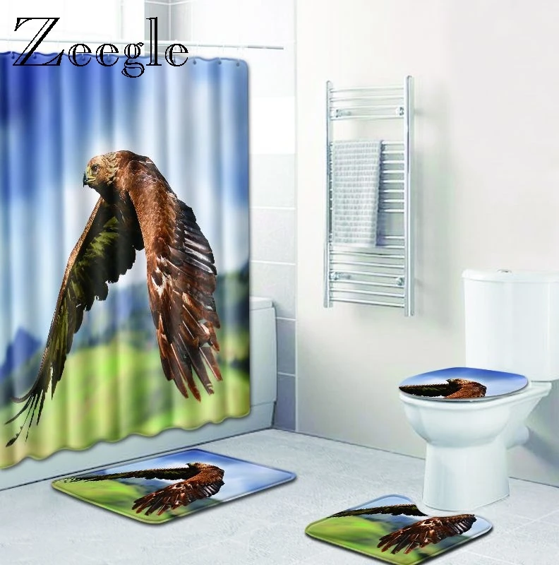 

Zeegle Bathroom Bath Mat and Eagle Printint Shower Curtain Set Absorbent Toilet Seat Cushion Non-slip Toilet Floor Carpet Set