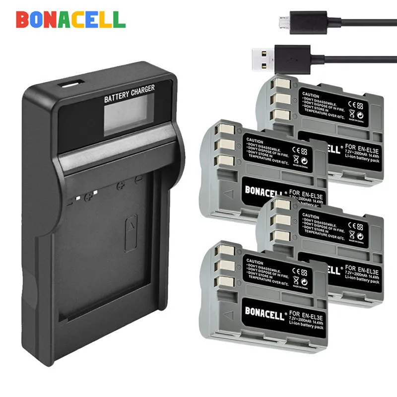 Батарейка для камеры Bonacell 2000 мАч EN EL3E EL3a EL3e + зарядное устройство с ЖК дисплеем Nikon