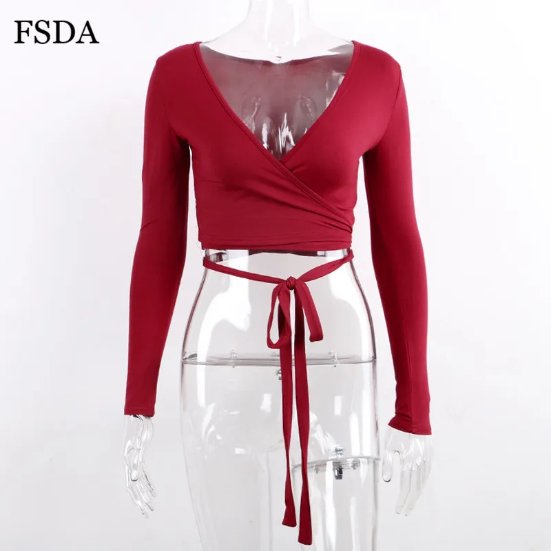 Женский короткий топ из вискозы с V образным вырезом и длинным рукавом|Футболки| |