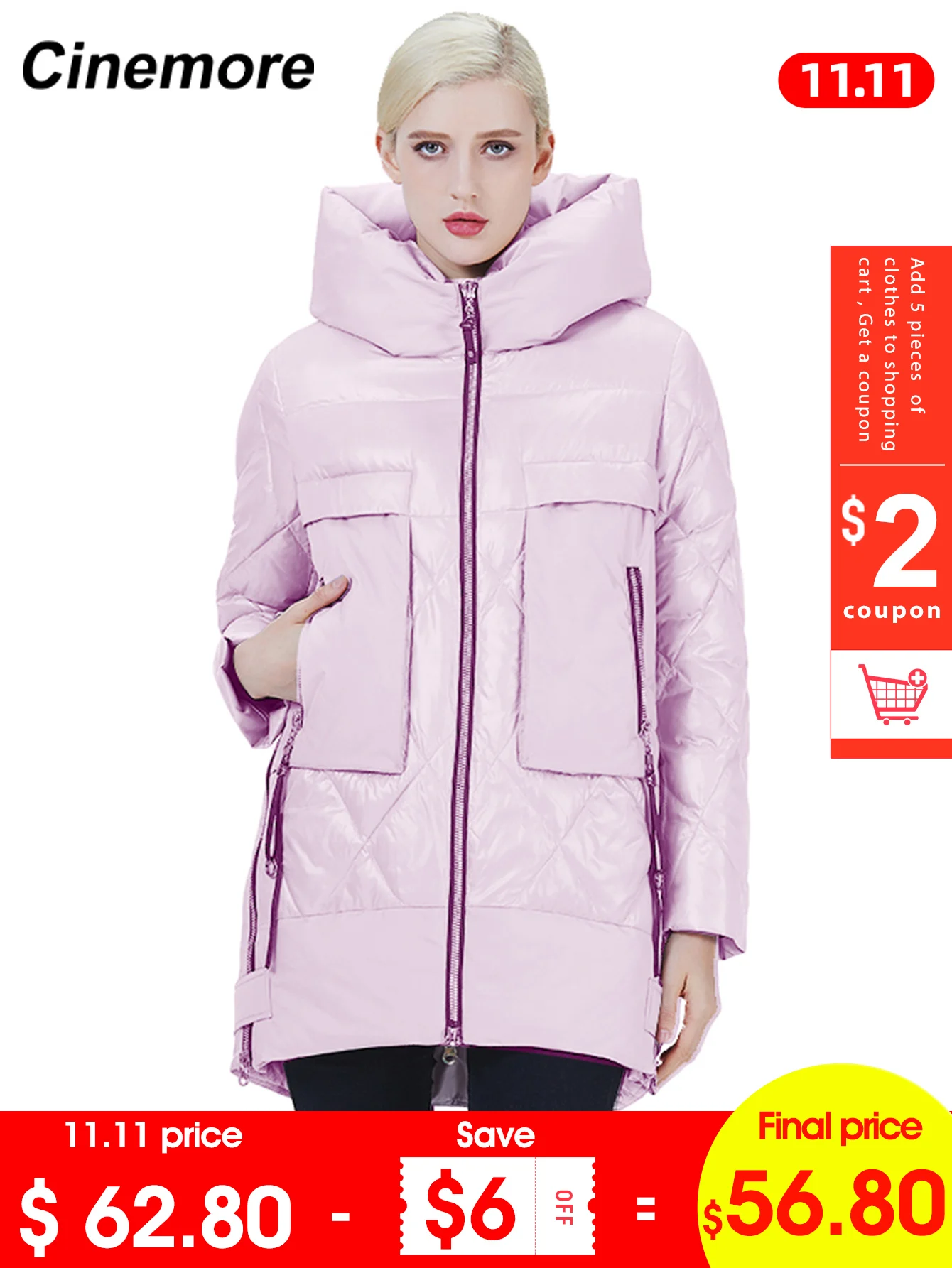 

Cinemore 2020 New arrival Women's winter down jacket personality Lilac color parka women pocket warm Regular length 2025