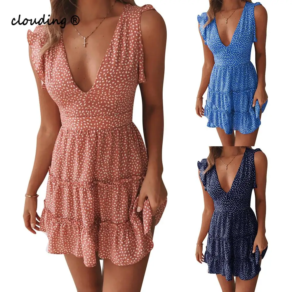 Женское мини платье в горошек с V образным вырезом|Женские платья| |