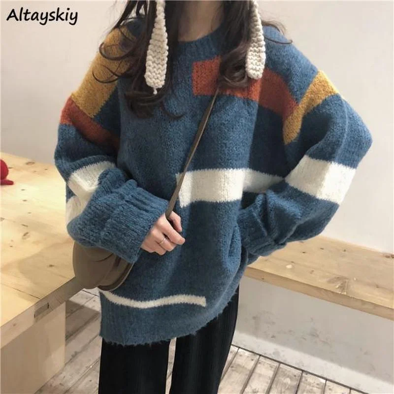 

Pullovers Women Blue Striped Loose Oversize Autumn Winter Casual Vintage Sweater Elegant Students All-match Knitwear Ulzzang Top