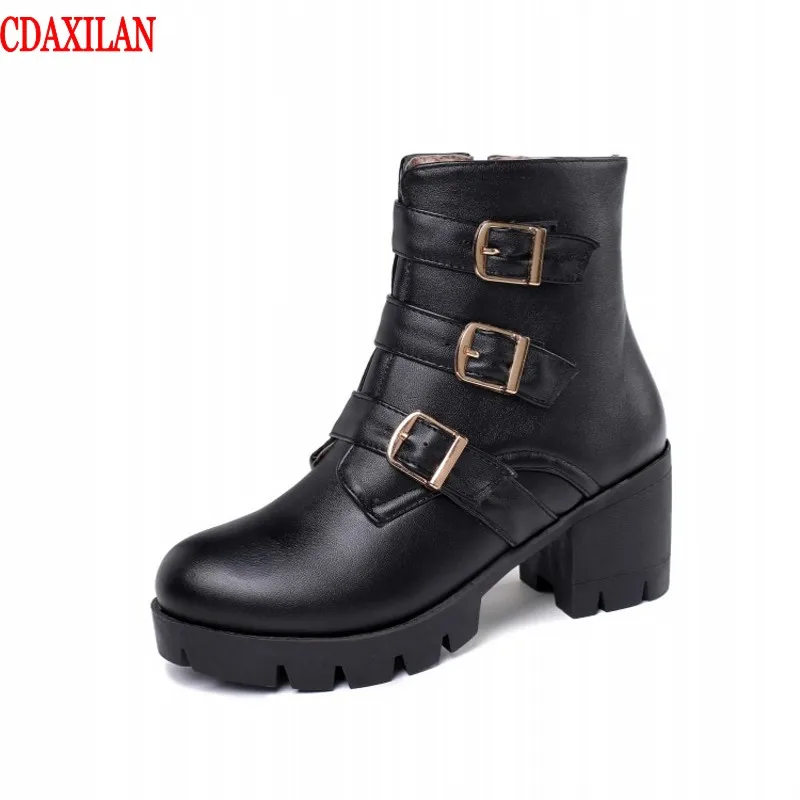 CDAXILAN new to women's boots PU Leather side zipper square heels ankle spring autumn winter ladies mptorcycle | Обувь