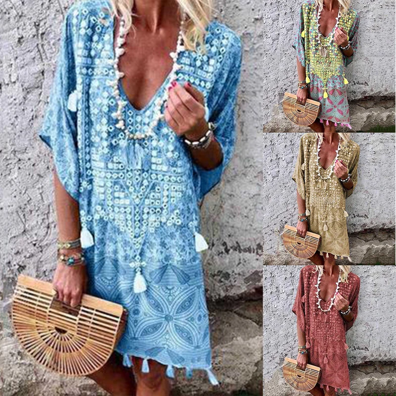

Women Dress Loose Boho Short Sleeve Summer Sexy Deep V-neck Casual Kaftan Dresses Bohemia Plus Size Beach Femme Robe Vestidos