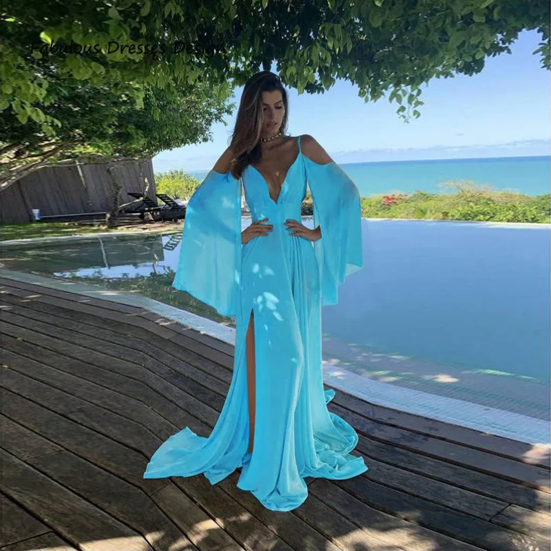 

Элегантное длинное шифоновое с длинным рукавом платья для выпускного вечера сексуальный v-образный вырез с низким вырезом на спине платье д...