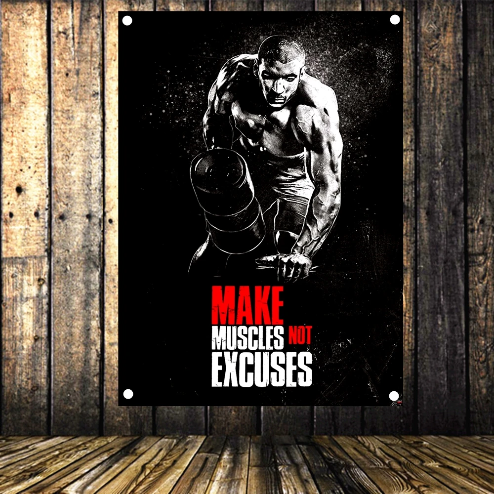 

MAKE MUSCLES NOT EXCUSES Vintage Fitness Banners Flags Bodybuilding Sports Inspirational Posters Tapestry Gym Wall Decoration