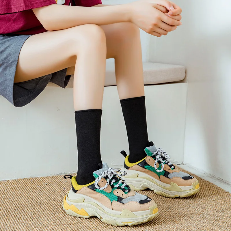 2021 New Women Socks Solid Color Spring Autumn Middle Tube Korea Style Cotton Socks Girl Preppy Style Long Breathable Crew Socks
