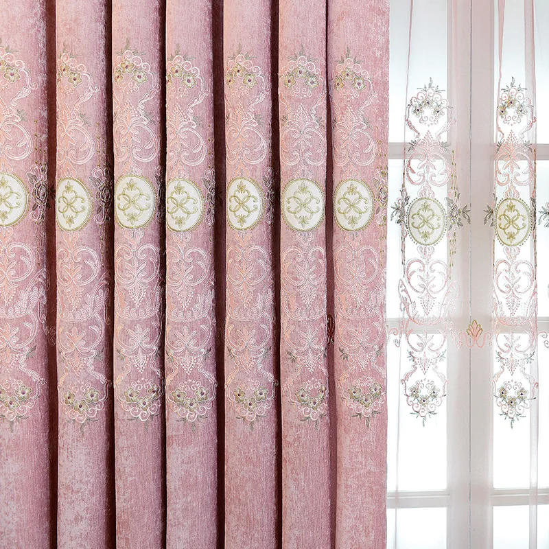 Шторы розовые в европейском стиле простые шенильные занавески с вышивкой для