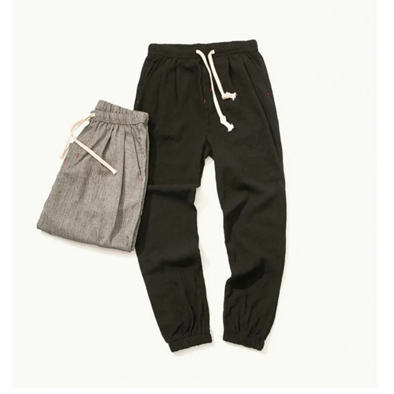 Мужские брюки для бега из хлопка и льна черные штаны фитнеса в стиле Харадзюку на