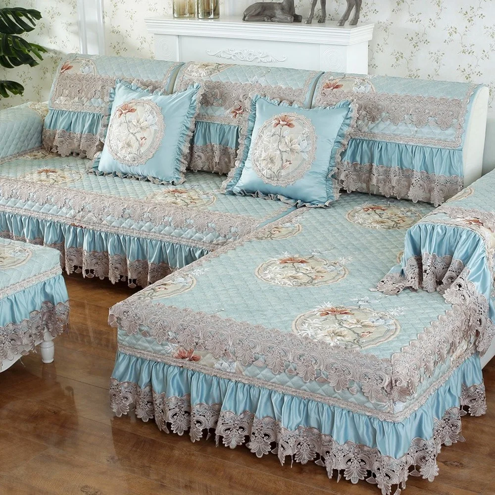 

Light Blue European Lace Sofa Cover Luxury Cotton Linen Sofa Towel Slipcover Non-slip Cushion Pillowcase Living Room Sofa Set 2