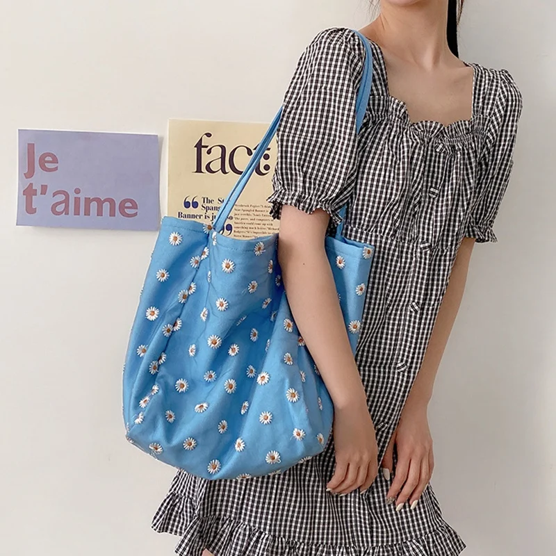 

Модная женская Холщовая Сумка через плечо с вышивкой маргариток, вместительный саквояж для покупок, Удобная дорожная простая сумочка