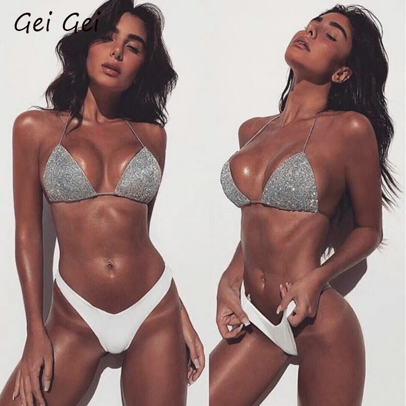 Женский Блестящий раздельный купальник летний Собранный бюстгальтер серебристо