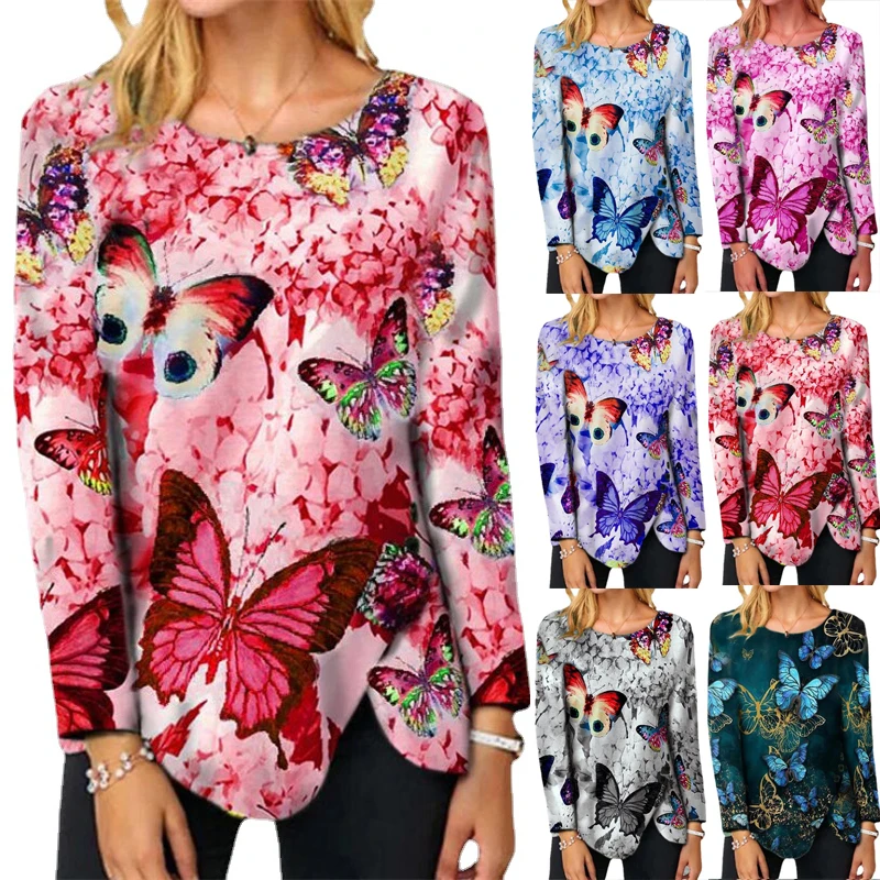 

Butterfly Print Casual T Shirt New Fashion Long Sleeved Women's Tee Shirts O-neck Female Loose Oversized Tops