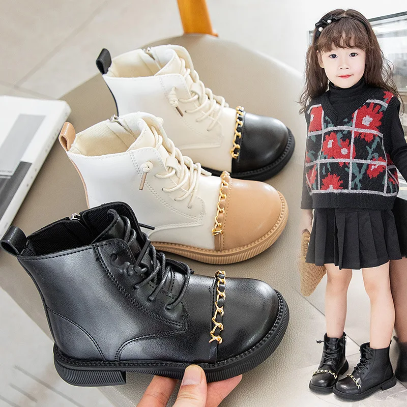 

Baby Boys Short Boots 2021 Kids Fashion Children Black Boots Spring PU Splicing Martin Boots for Girls Unisex Metal Chain Decor