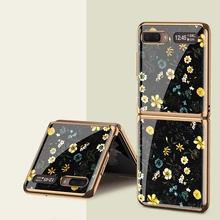 For Samsung Galaxy Z Flip Case Floral Tempered Glass Hard Phone Cover For Samsung Galaxy Z Flip 5G Luxury Plating frame