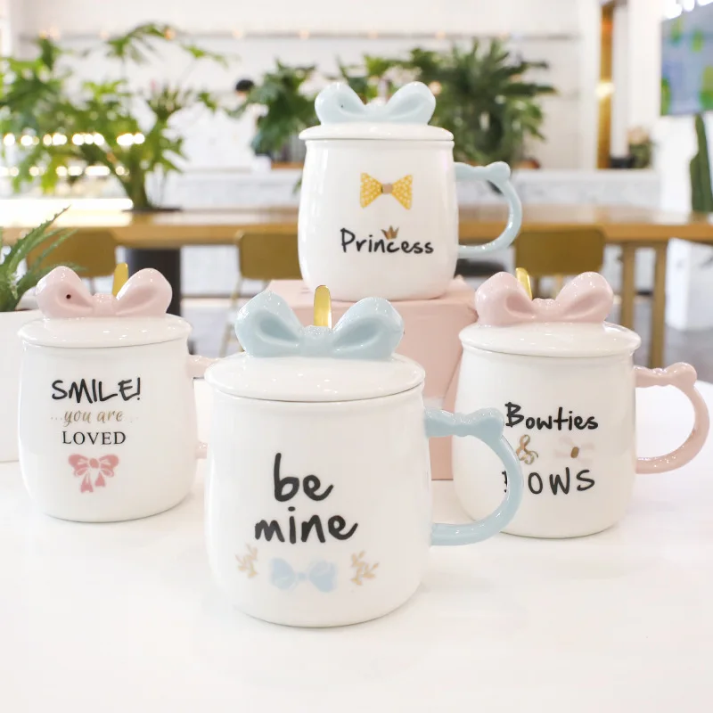 Розовая и синяя кружка с бантом милая керамическая принцессы кофейная крышкой