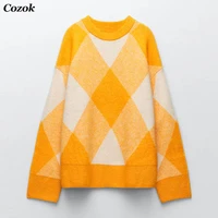 za women autumn winter argyle sweater 2021 o neck oversized long sleeve knitted casual soft clothing lady pullovers outwear