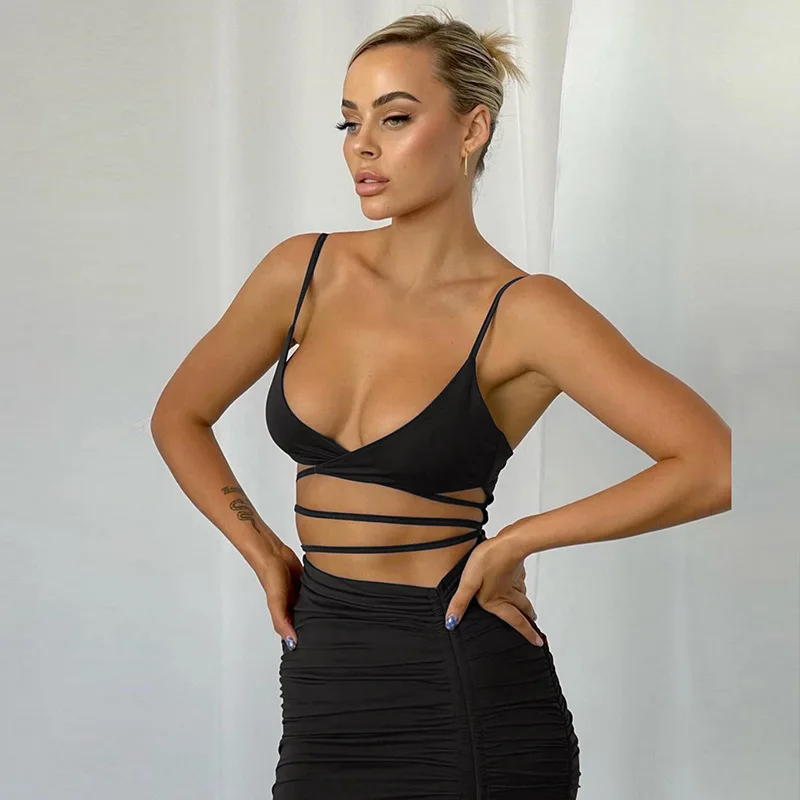 

Sexy Sleeveless Spaghetti Strap Mini Dresses Elegant Cut Out Bandage Backless Ruched Women Dress Bodycon Party Feminines Clothes