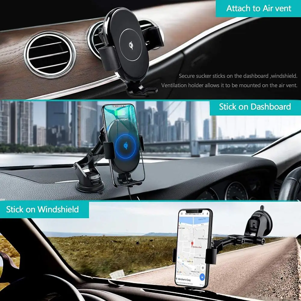 

10W Qi Wireless Car Charger Automatic Clamping Fast Charging Air Vent Phone Holder Mount for iPhone 11 XS XR Samsung Smart Phone