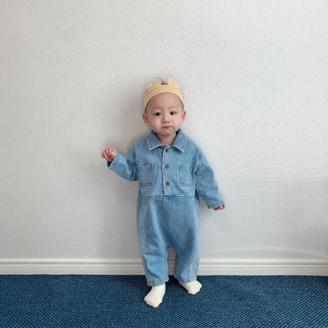 Newborn Infant Baby Boys Jumpsuit Children Long-sleeve Button Romper Kids Spring Fall Solid Clothes Cowboy Trend Outdoor |