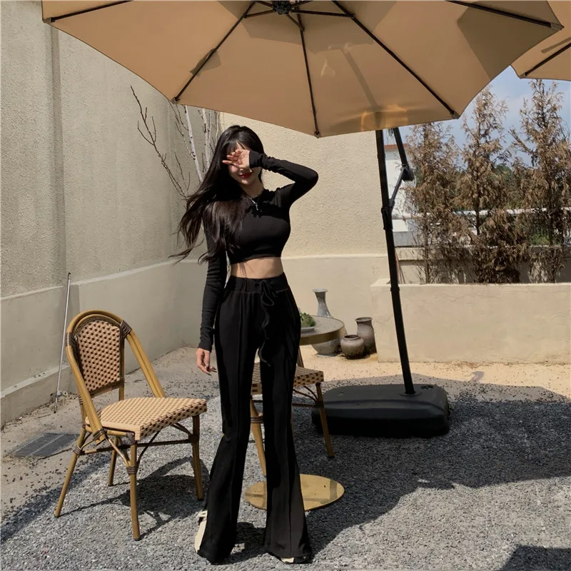 

Version Of Personality Casual Two-Piece Women's Halter Slim Long-Sleeved Top+High-Waist Wide-Leg Pants Solid Color Fashion Suit