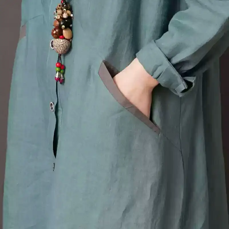 

Autumn Women Dress Plus Size Casual Contrast Color Long-sleeved Cotton and Linen Shirt Dress Spliced Loose Spring Vestidos f1975