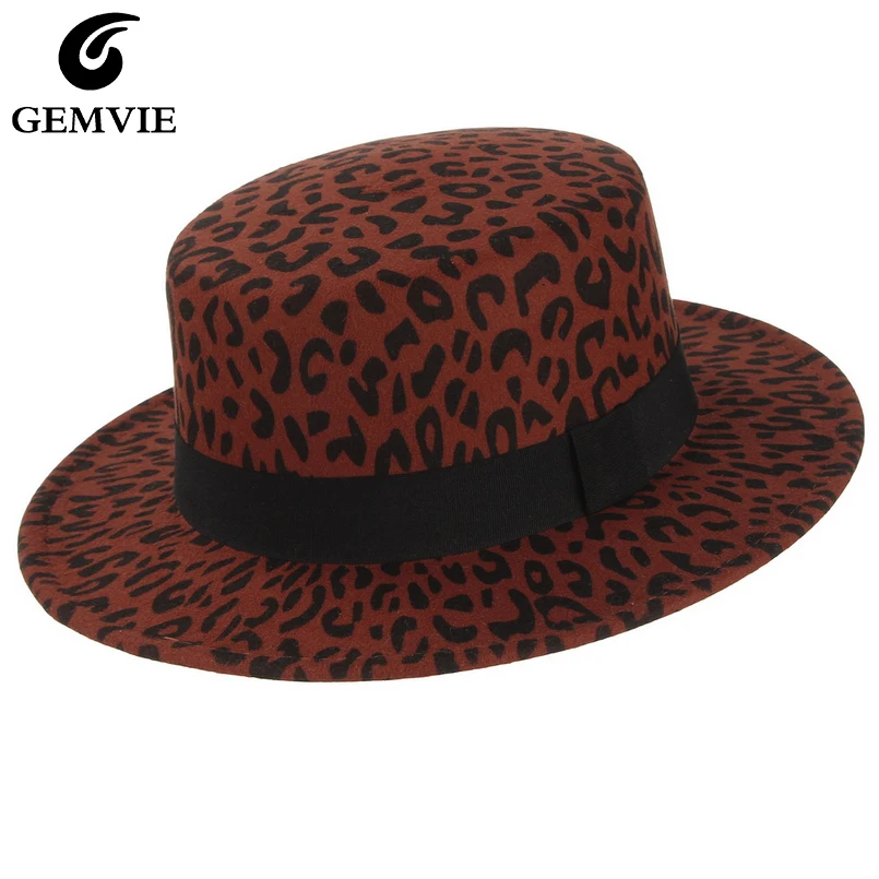Женская фетровая шляпа GEMVIE шерстяной топ с широкими полями и леопардовым принтом