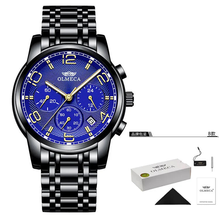 blue black-box OLMECA Мужские кварцевые наручные часы спортивные Для мужчин мужской классический Бизнес наручные часы из нержавеющей стали Автоматическая Дата Браслет для мужа босс подарок браслет часы - Цвет: blue black-box