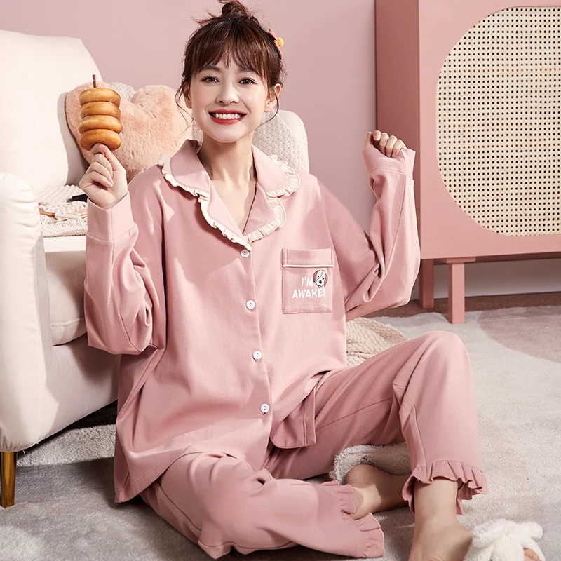 

ATUENDO Spring Warm Pink Pajamas Sets for Women 100% Cotton PJS Kawaii Silk Nightwear Autumn Atoff Home Satin Soft Sleepwear