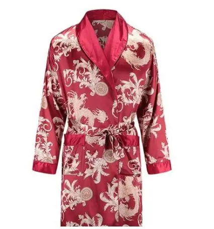 wine red dragon robe Шелковая ночная рубашка мужская летняя тонкий купальный халат Тигр Ночная рубашка свободная Свадебная robesilky с длинным рукавом Sleeprobe размера плюс домашняя одежда - Цвет: wine red dragon robe